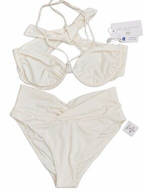 Caroline Constas Bandeau Underwire Halter Bikini Set Ivory High Waist Hi Leg L